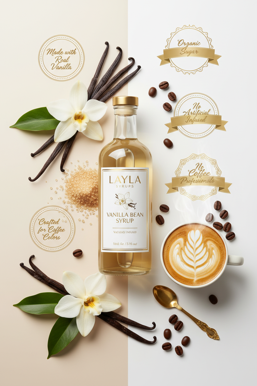 Layla Vanilla Bean Syrup | Premium Naturally Infused Coffee Syrup | Real Vanilla Beans | Organic Cane Sugar | 375 mL