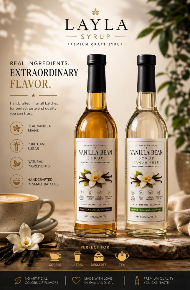 Layla Vanilla Bean Syrup | Premium Naturally Infused Coffee Syrup | Real Vanilla Beans | Cane Sugar | 375 mL